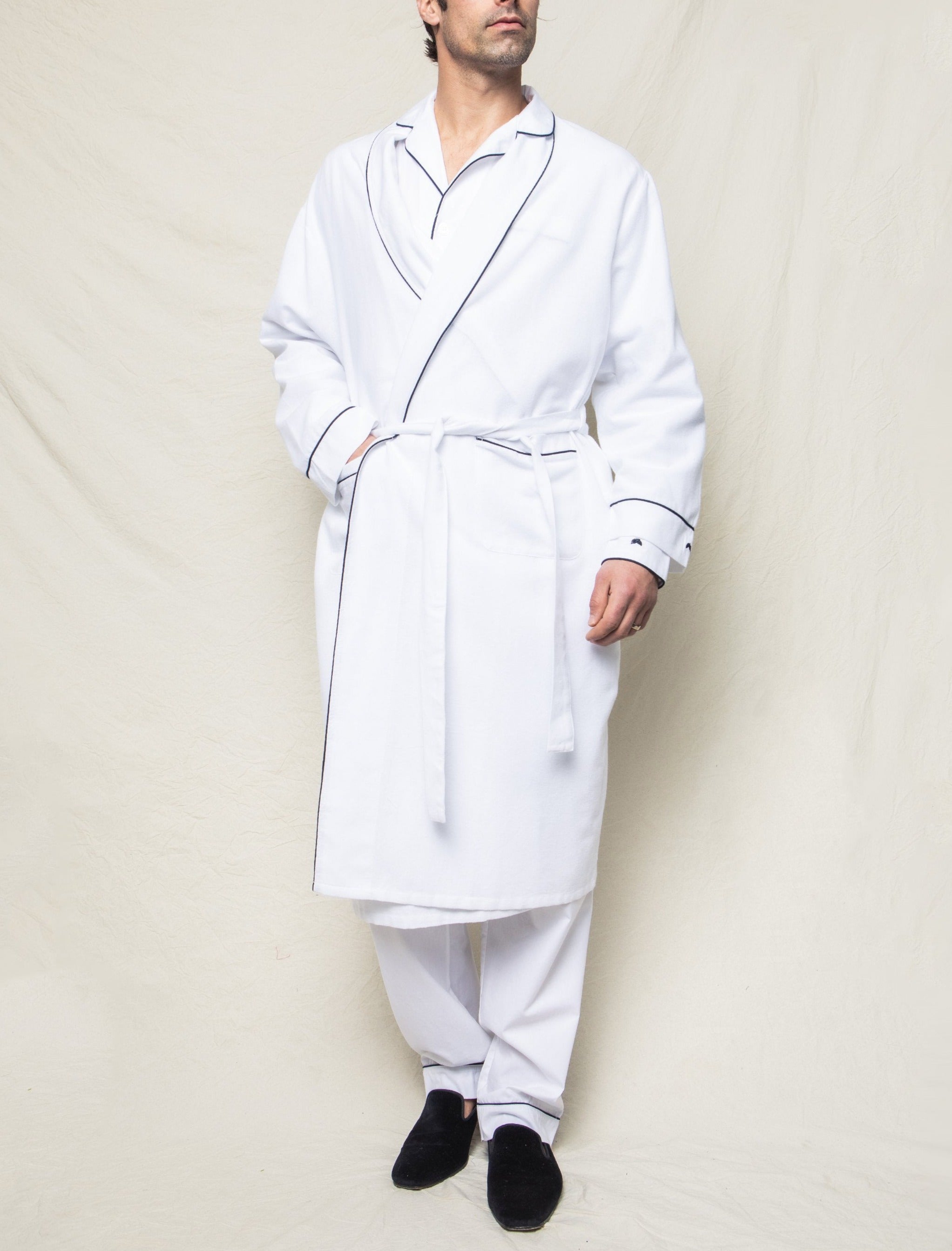 Men’s White Flannel Robe with Navy Piping