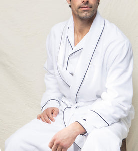 Men’s White Flannel Robe with Navy Piping