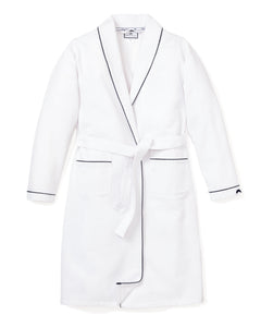 Men’s White Flannel Robe with Navy Piping