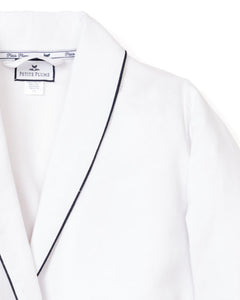 Men’s White Flannel Robe with Navy Piping