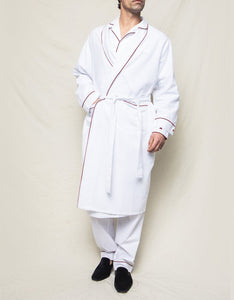 Men’s White Flannel Robe with Red Piping