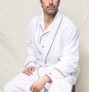 Men’s White Flannel Robe with Red Piping