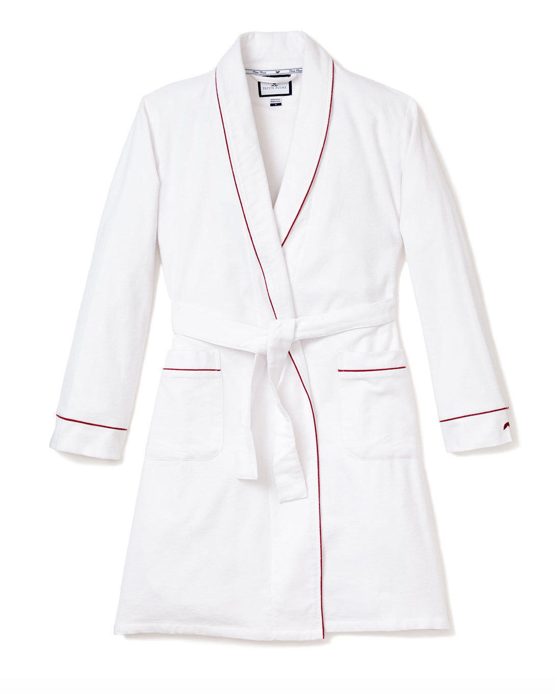 Women’s White Flannel Robe with Red Piping