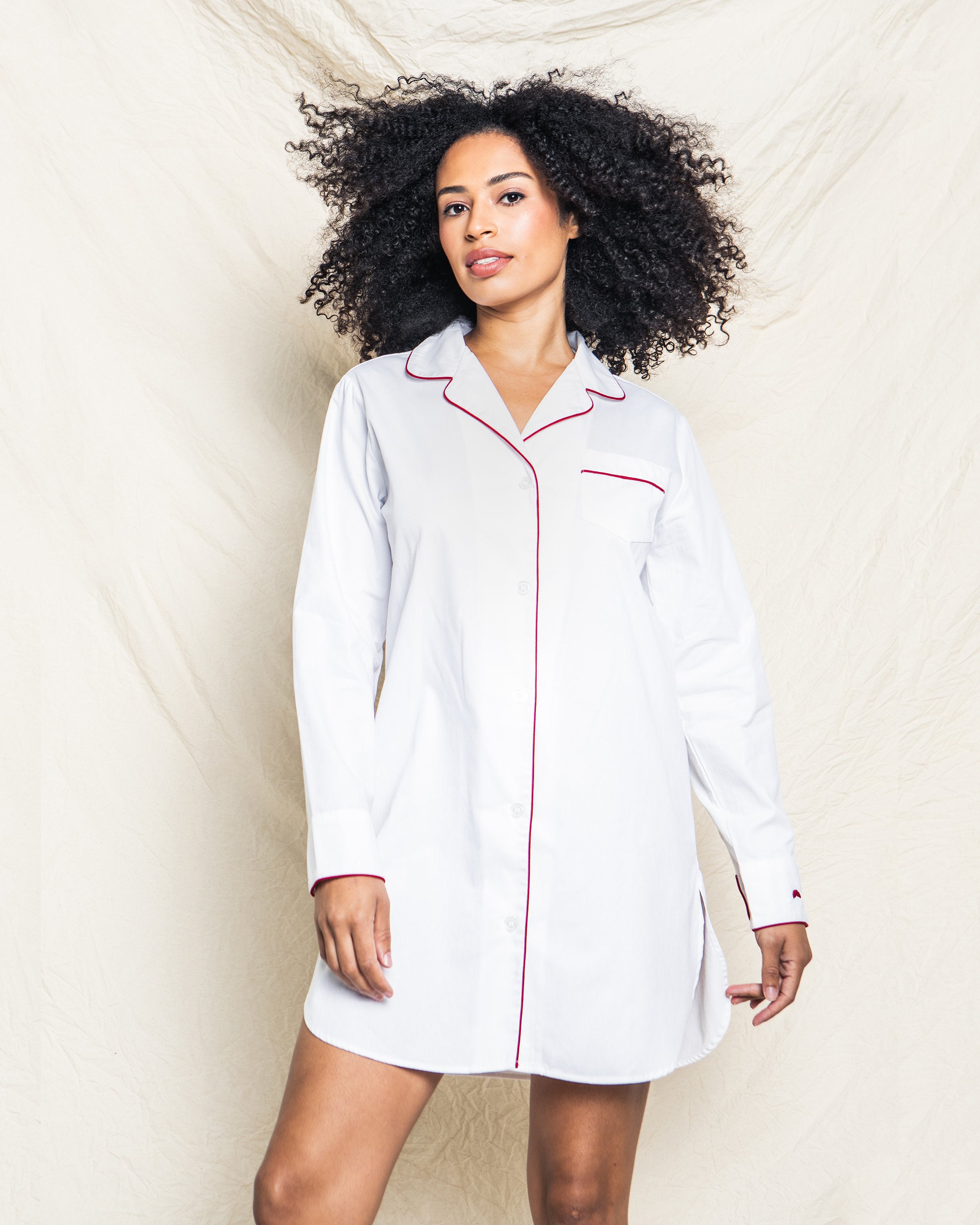 Women’s White Twill Nightshirt with Red Piping