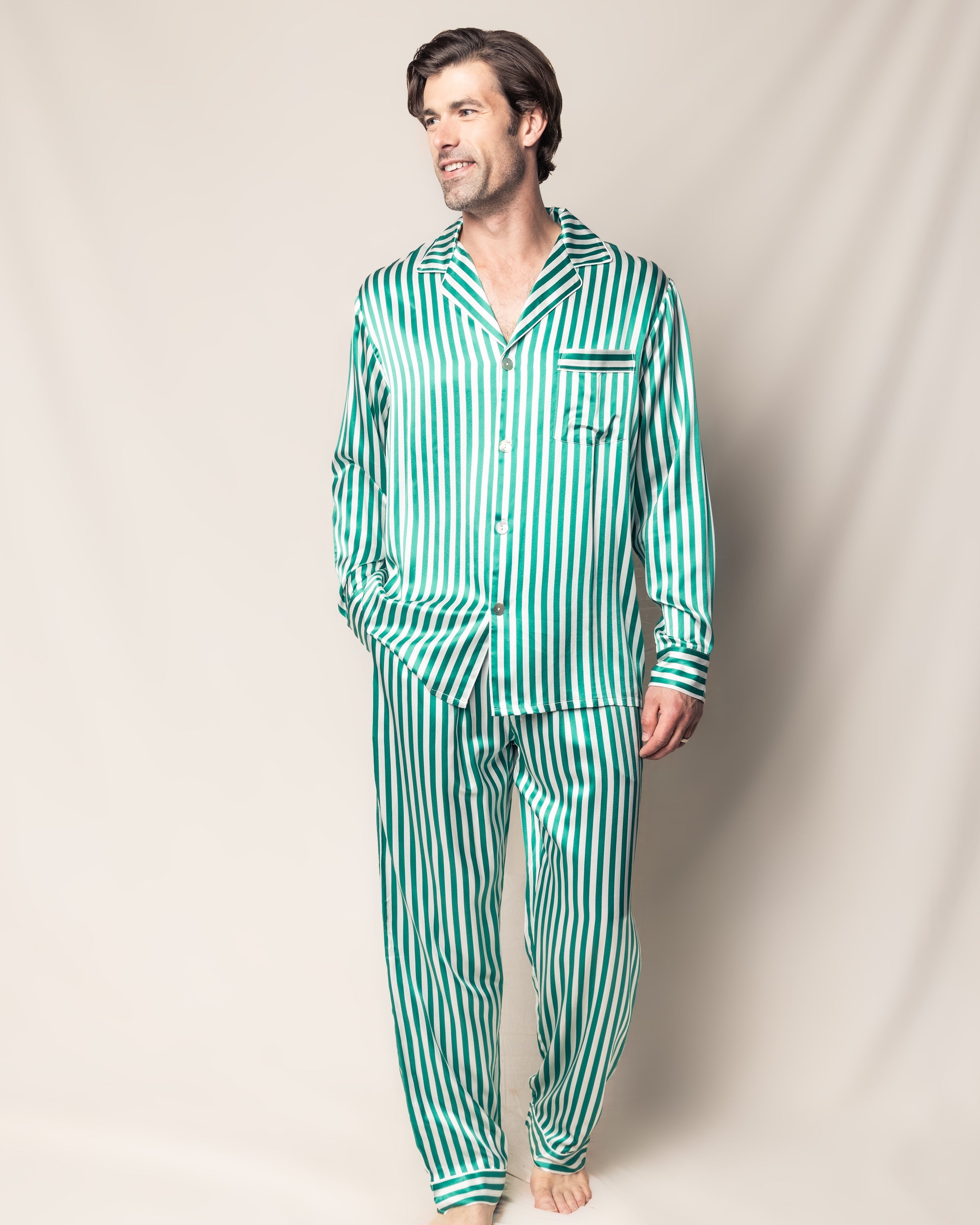 Men’s Mulberry Silk Green Stripe Luxe Pajama