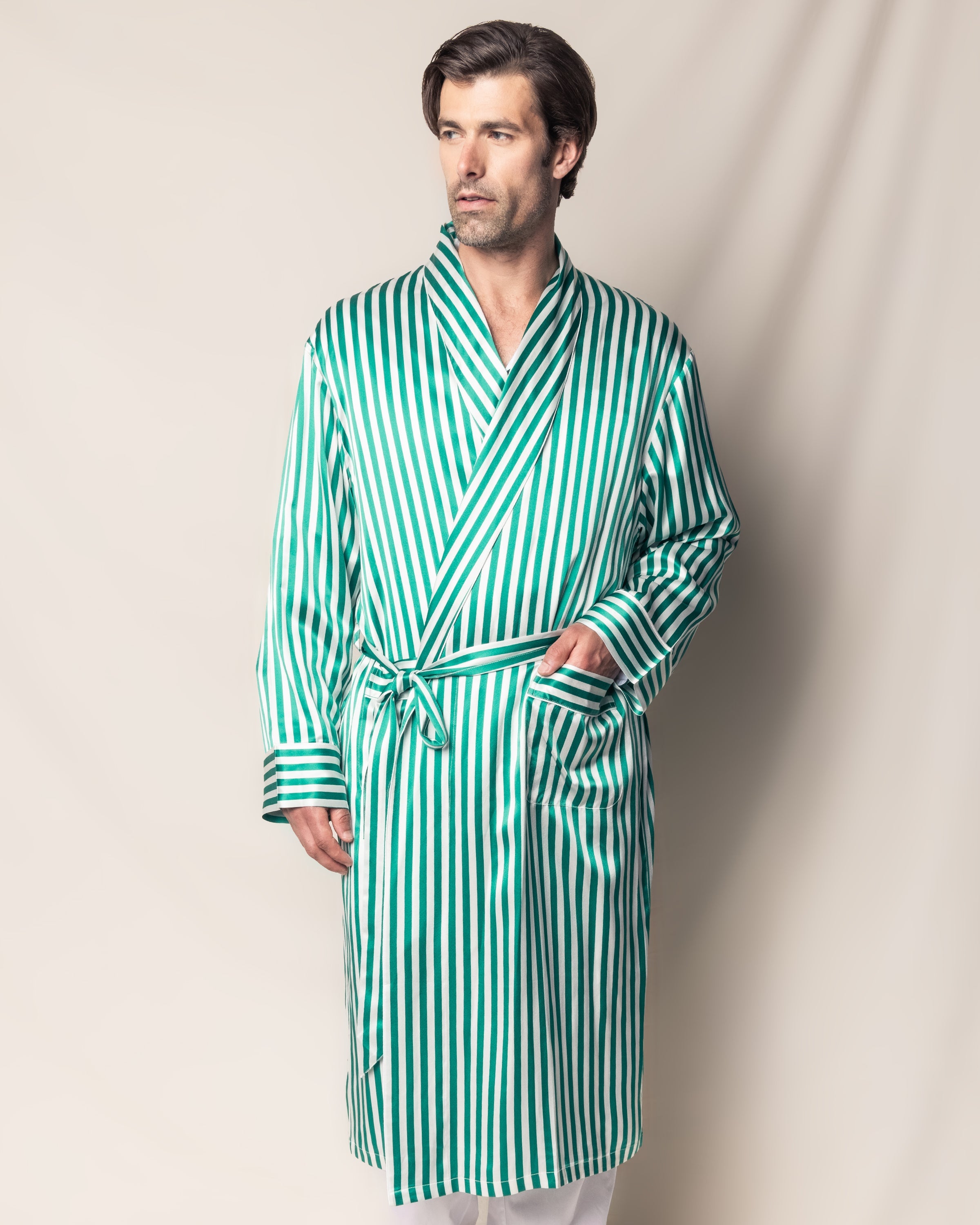 Men’s Mulberry Silk Green Stripe Long Robe