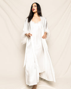 Women’s Mulberry White Silk Luxe Long Robe with Feathers