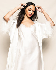 Women’s Mulberry White Silk Luxe Long Robe with Feathers