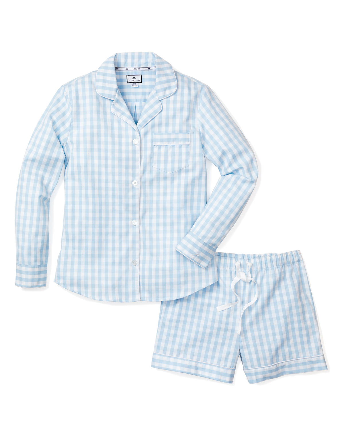 Women’s Light Blue Gingham Long Sleeve Short Set