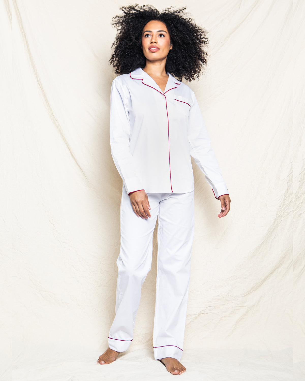 Women’s White Twill Pajama Set with Red Piping