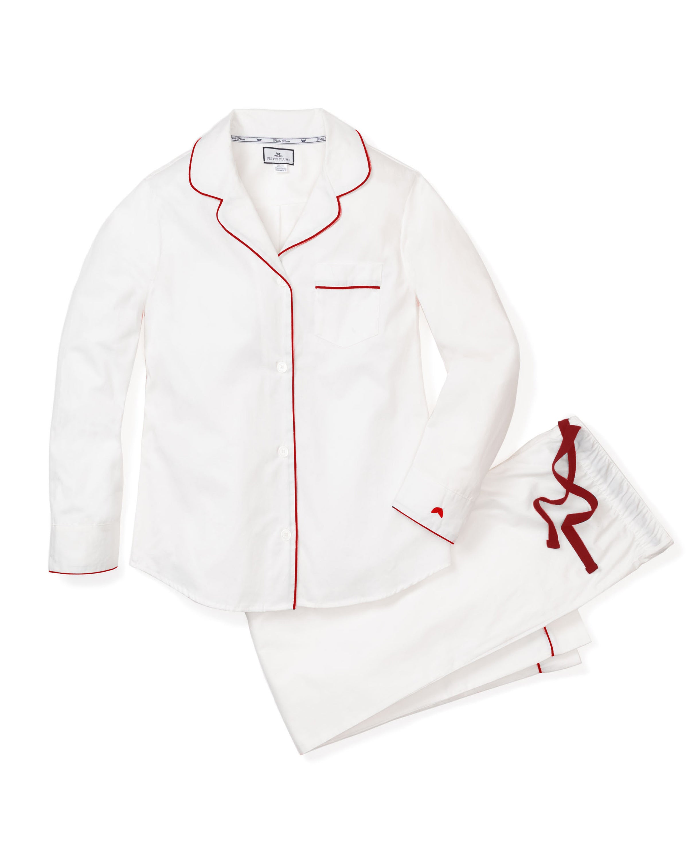 Women’s White Twill Pajama Set with Red Piping