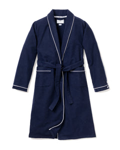 Men’s Navy Flannel Robe with White Piping