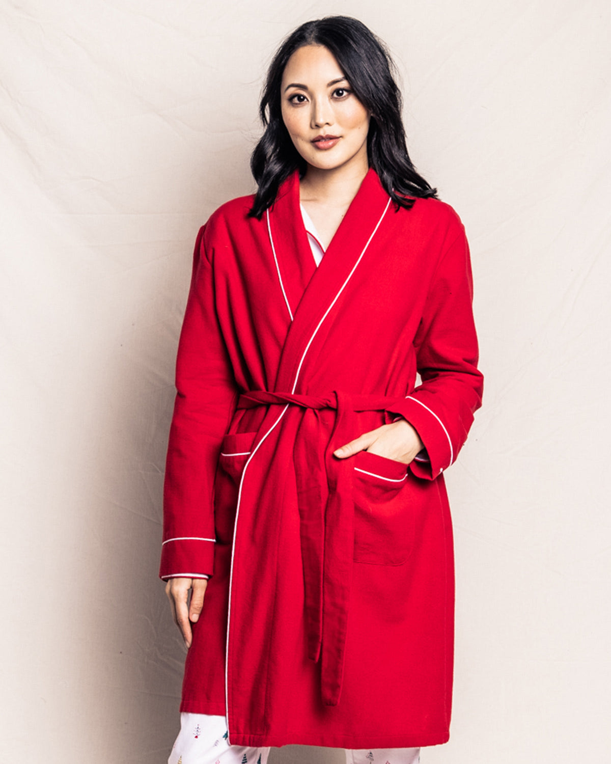 Women’s Red Flannel Robe with White Piping