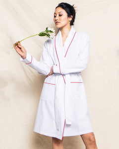 Women’s White Flannel Robe with Red Piping