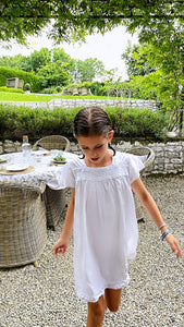 Amelia White Cotton Short Sleeve Dress with Blue Smocking