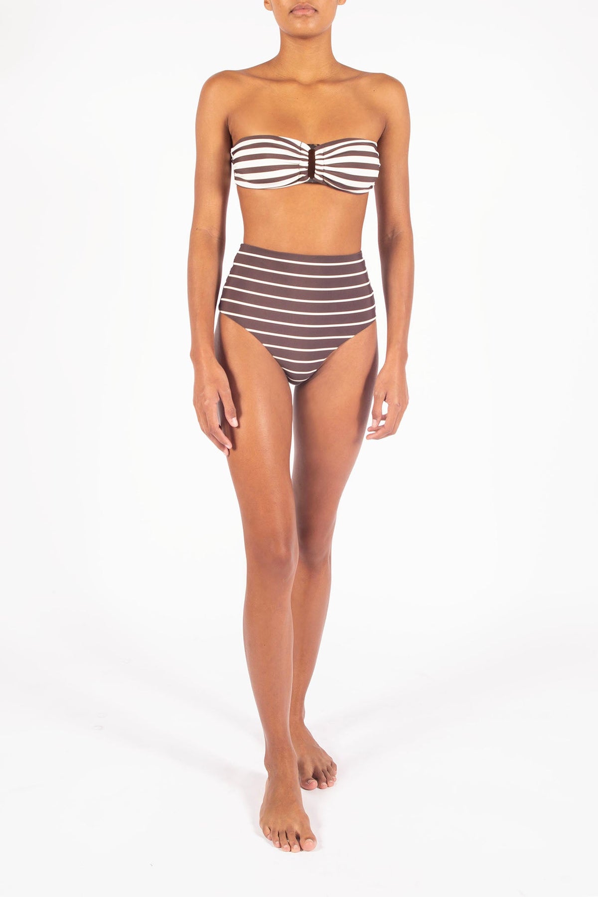 The High-Waist Bikini Bottom in Espresso Odd Stripes