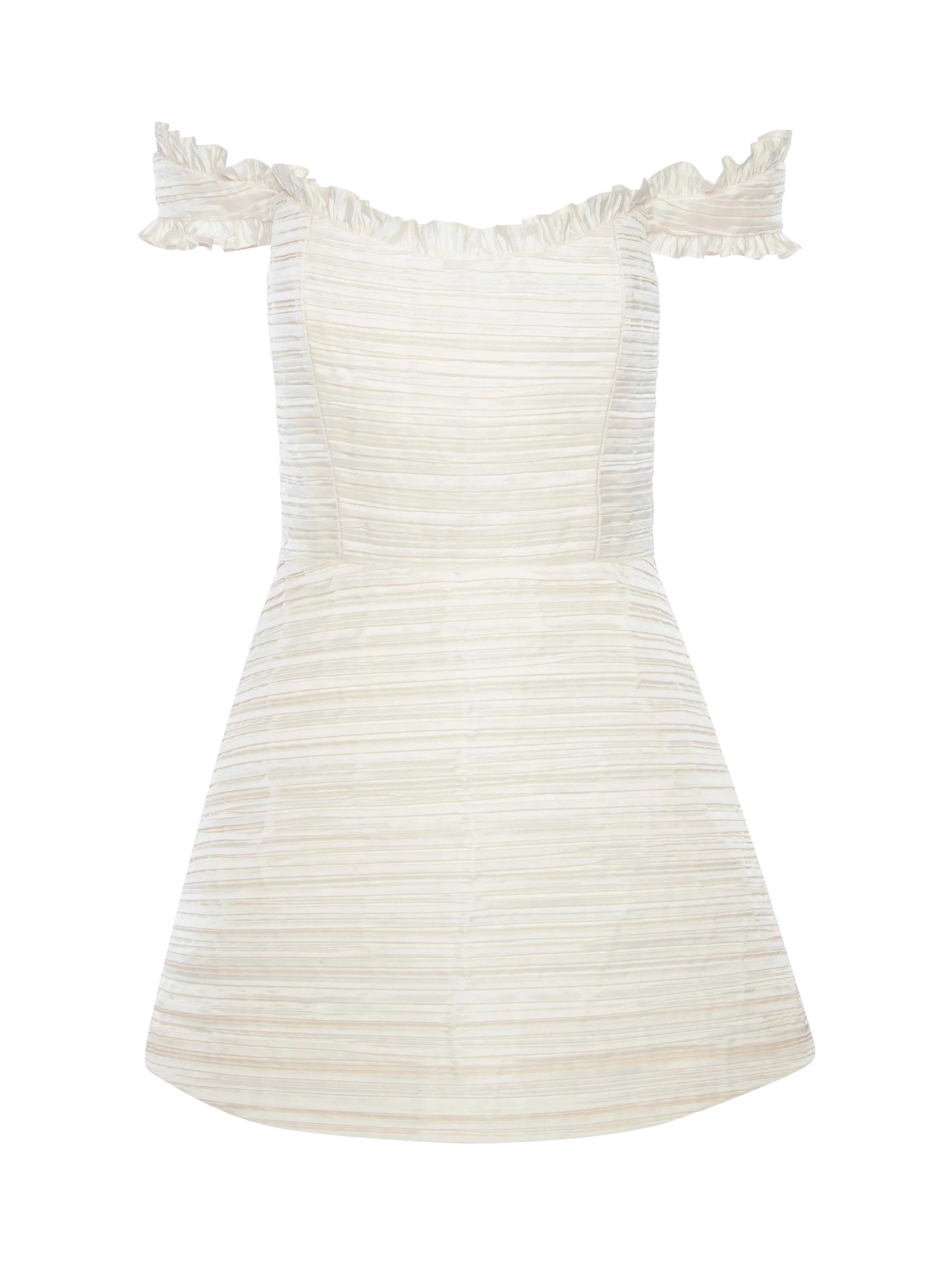 Scarlett Pleated Off-The-Shoulder Mini Dress in Duchess Satin