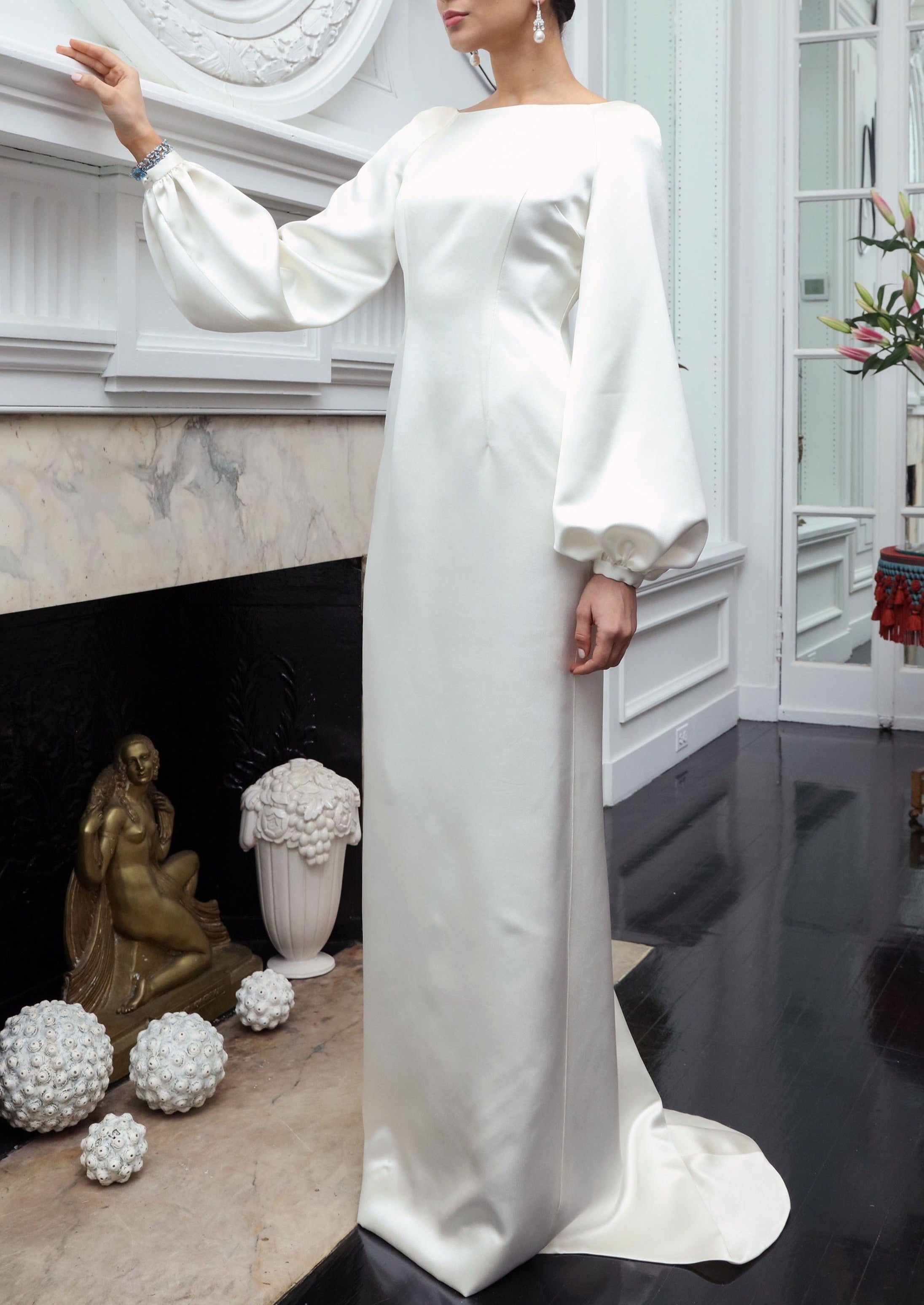 Bateau Neck Italian Silk Satin Full-Sleeve Draped Column Gown