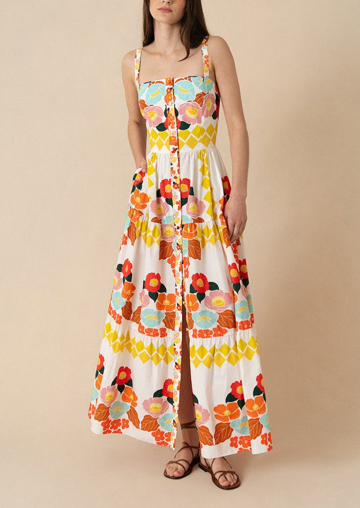 Jimena Cotton Maxi Dress in Astro Flower White