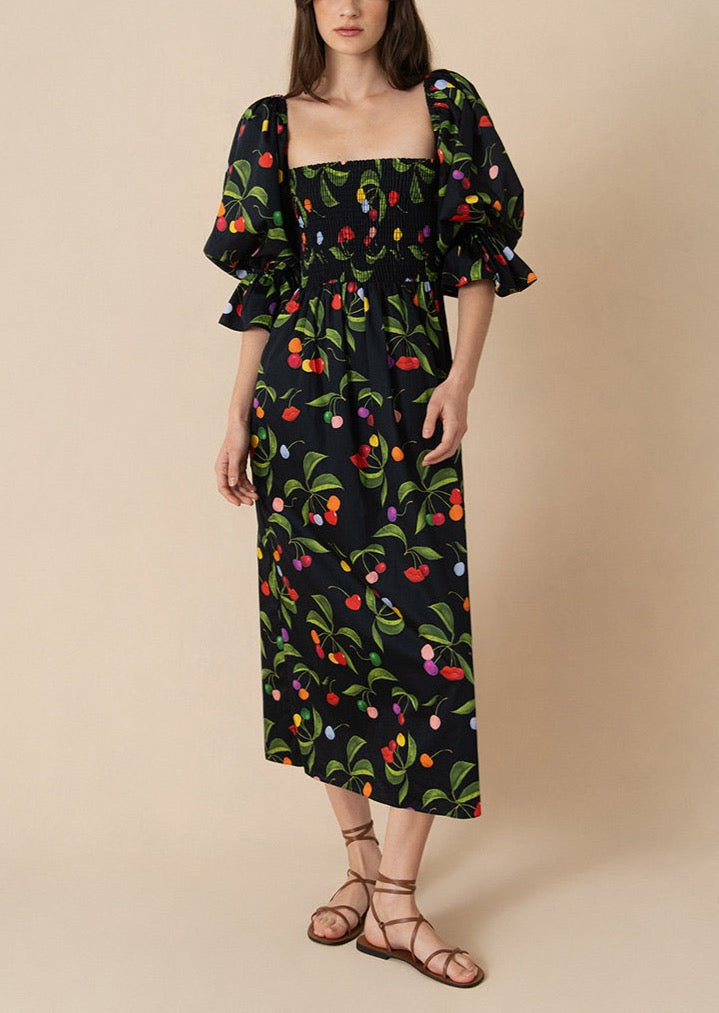 Viona Cotton Midi Dress in Cherry Black