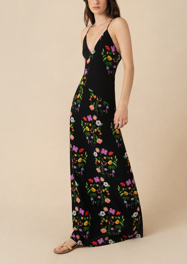 Olive Crepe Maxi Dress in Terrazo Flower Black