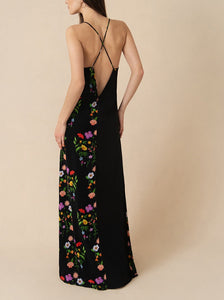 Olive Crepe Maxi Dress in Terrazo Flower Black