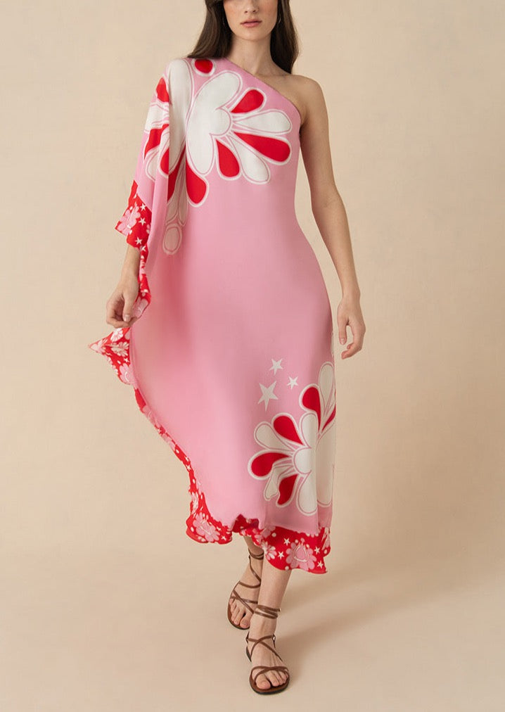 Ginger Crepe Midi Dress in 70s Flower Pink