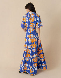 Posie Cotton Maxi Dress in Geo Flower Blue