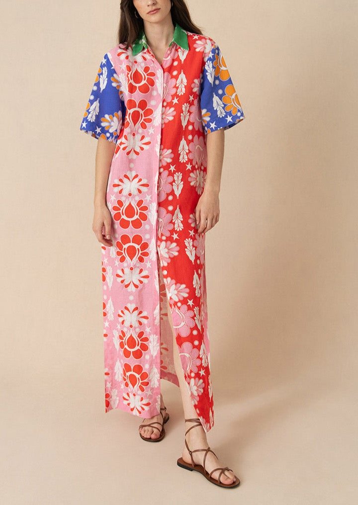 Penny Linen Midi Dress in Geo Flower Multi