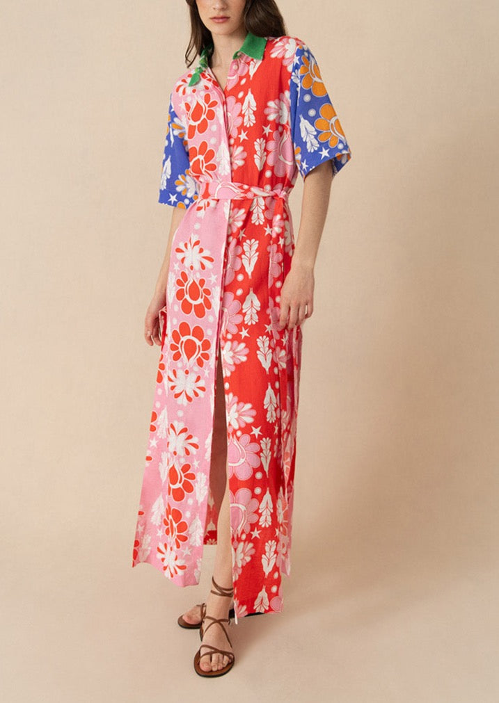 Penny Linen Midi Dress in Geo Flower Multi