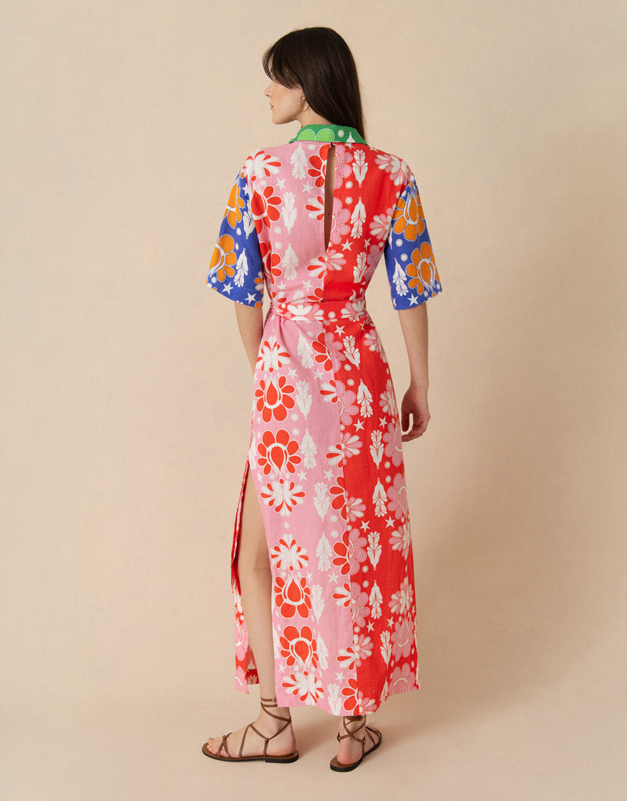 Penny Linen Midi Dress in Geo Flower Multi