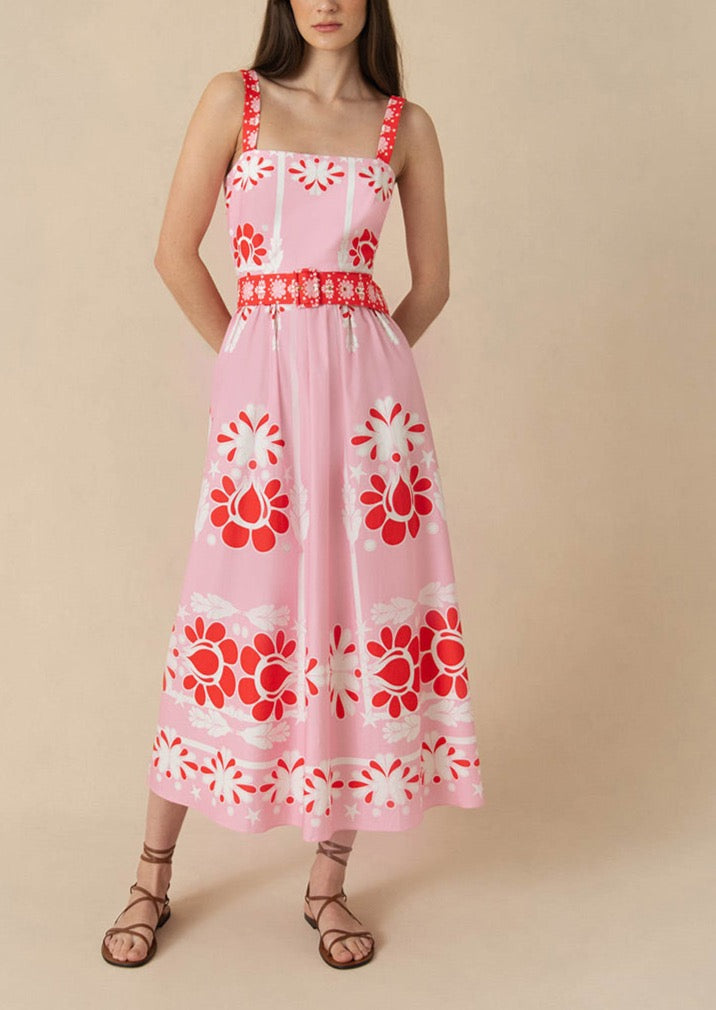 Ninet Cotton Midi Dress in Geo Flower Pink