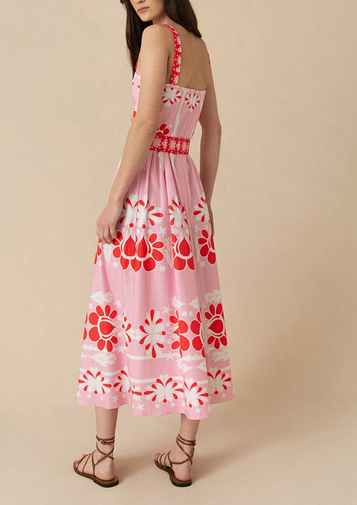 Ninet Cotton Midi Dress in Geo Flower Pink