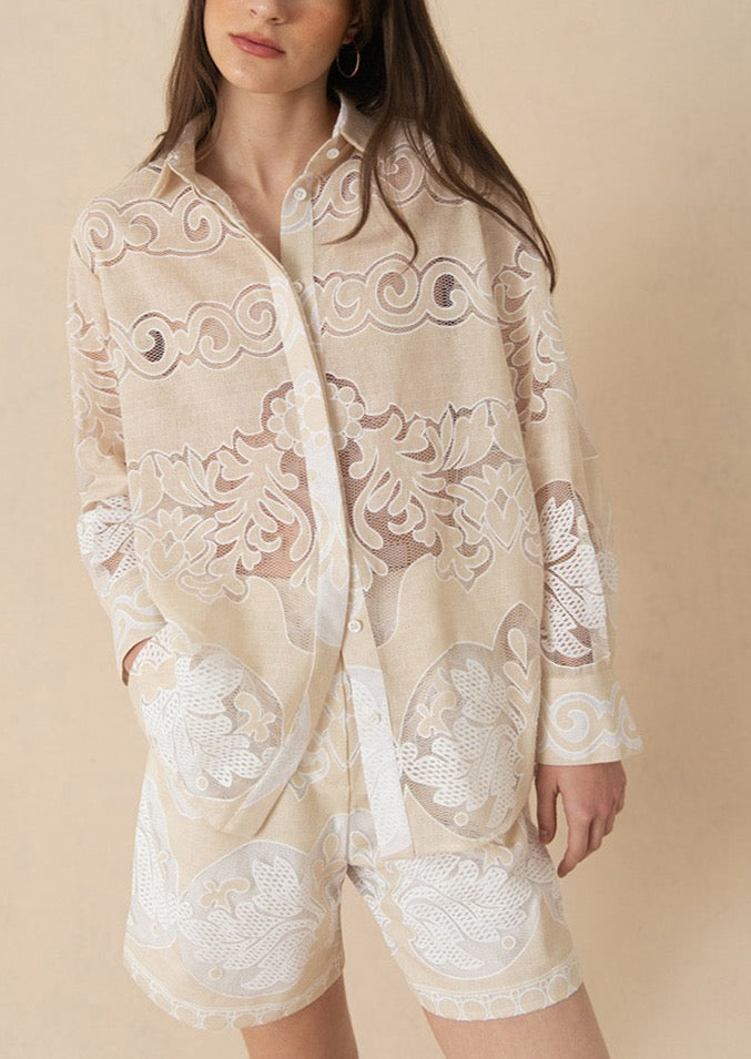 Nova Raschel Shirt in Beige / White Lace