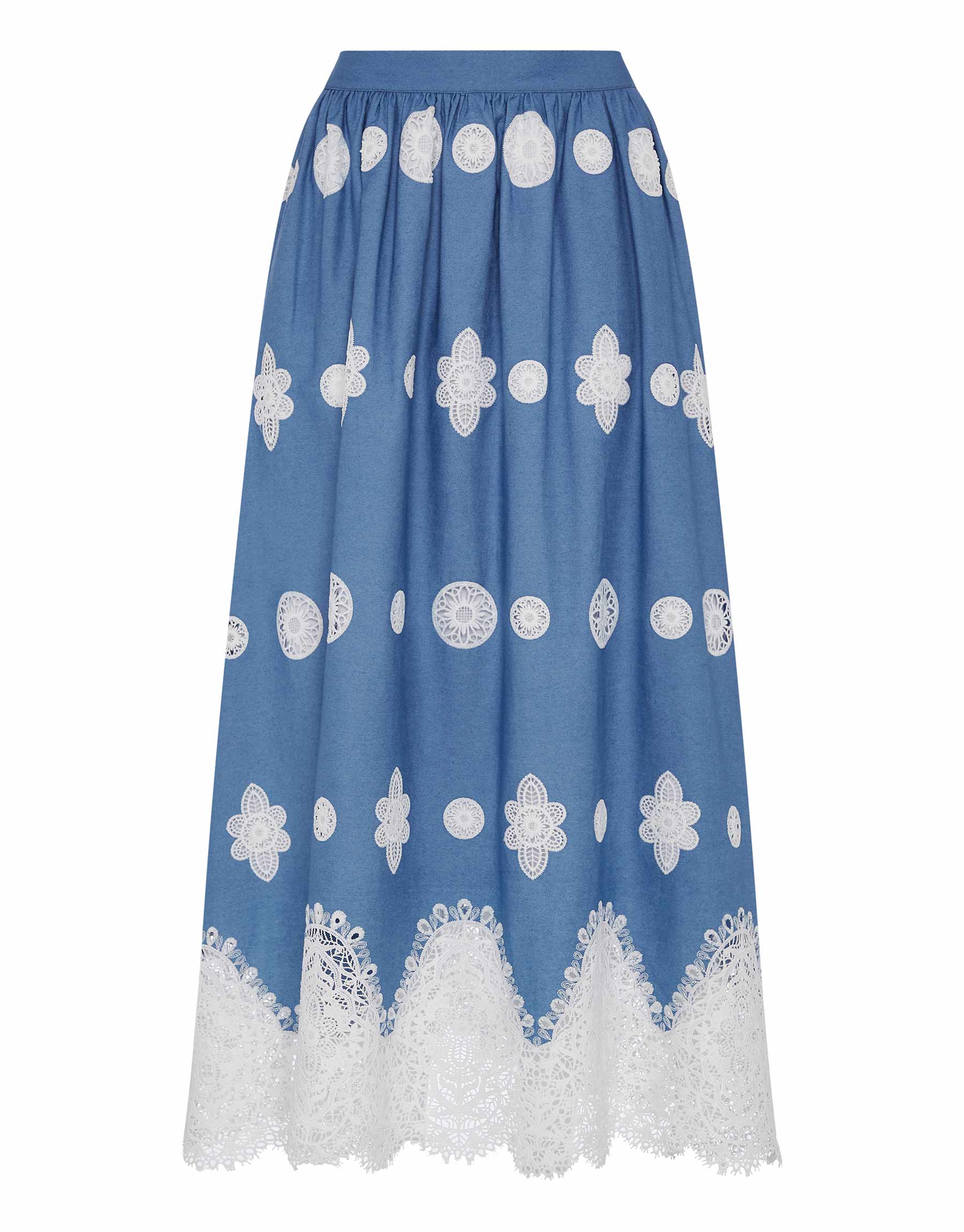 Rhea Denim Midi Skirt in Blue Lace