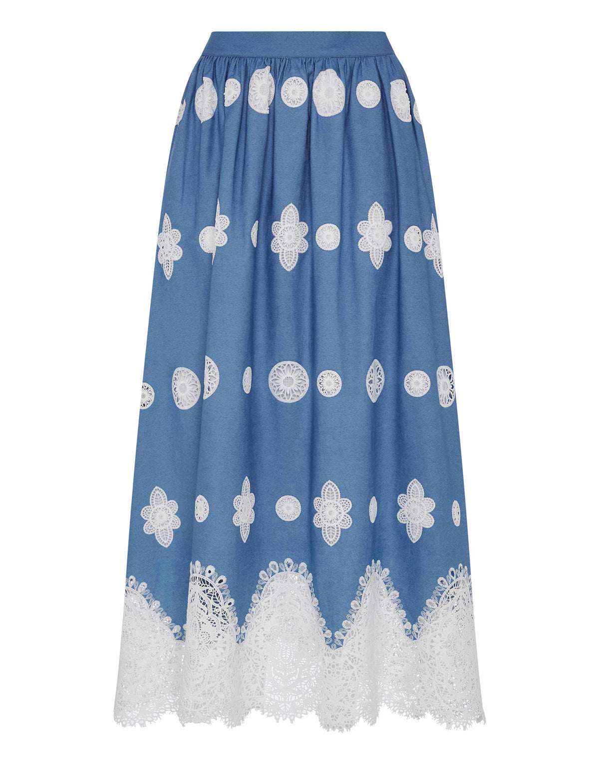 Rhea Denim Midi Skirt in Blue Lace