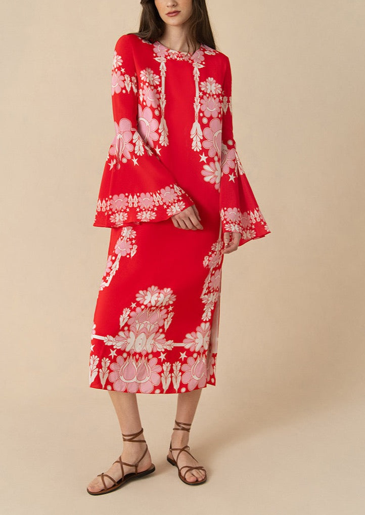 Astoria Crepe Midi Dress in Geo Flower Red