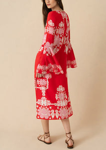 Astoria Crepe Midi Dress in Geo Flower Red