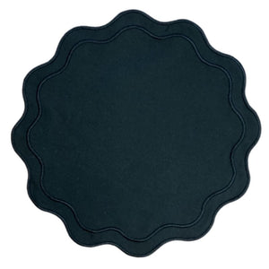 Luxury Table Linens, Black placemat with shiny black embroidery, for modern black tie elegance. 