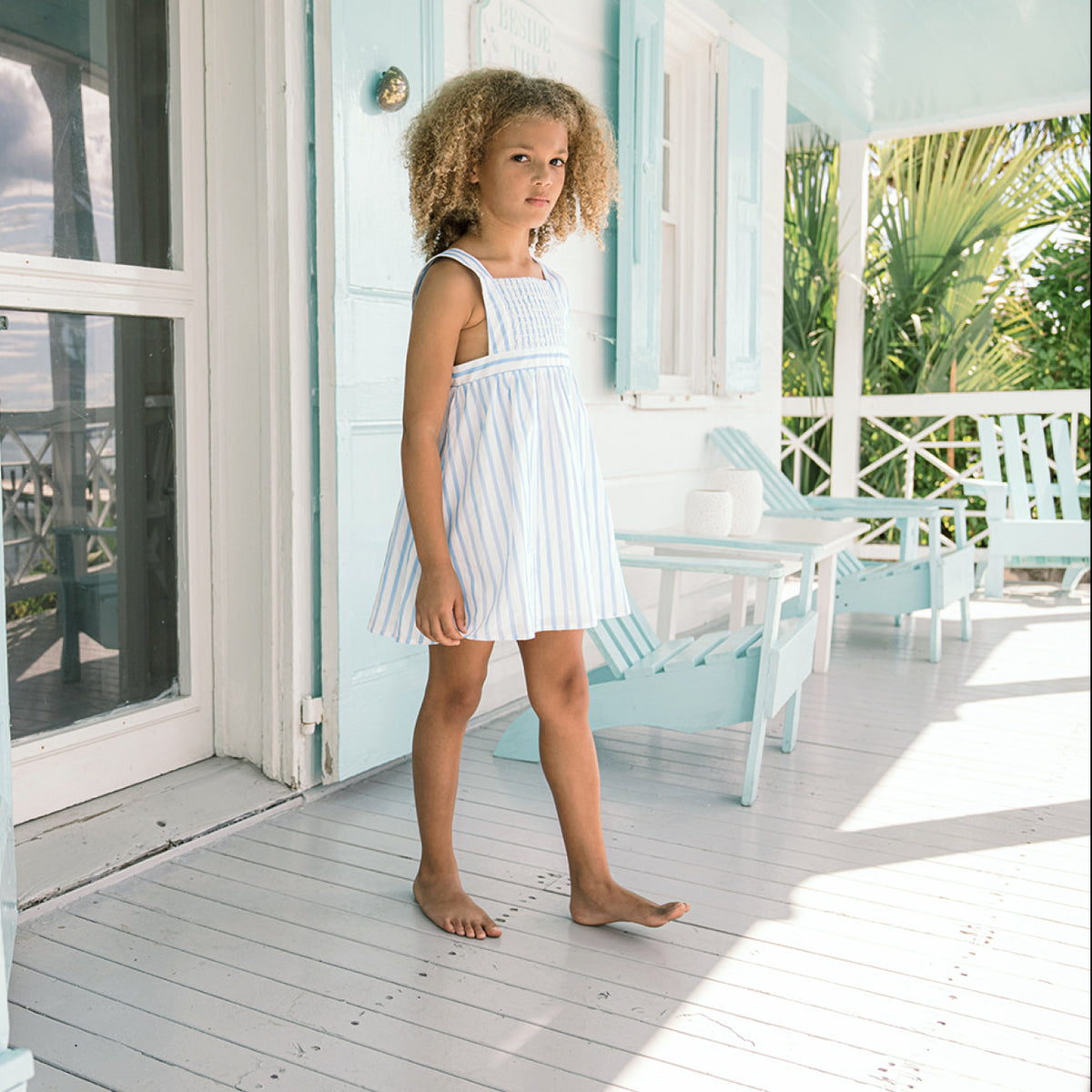 Girls Bahamian Blue Stripe Smocked Bib Dress