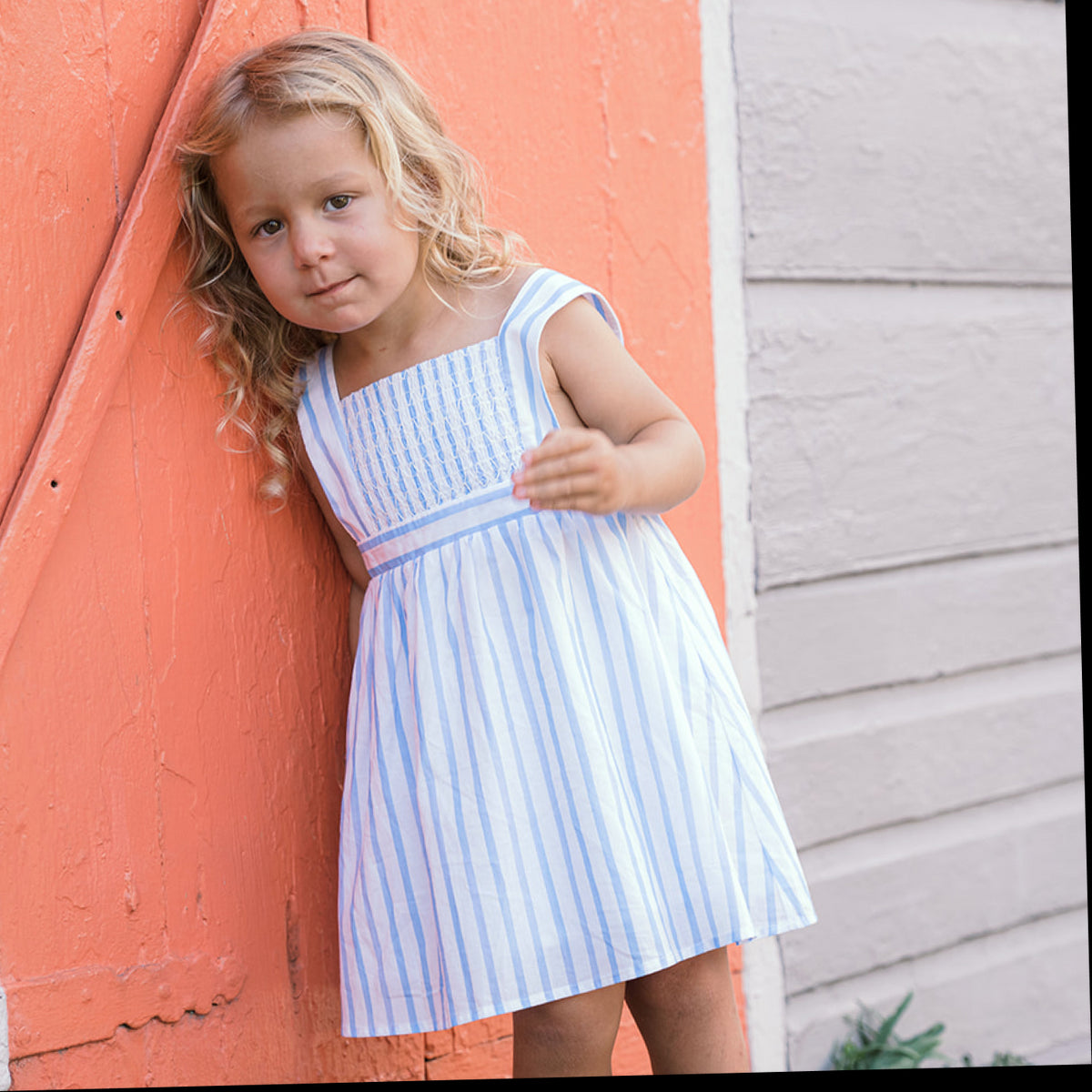 Girls Bahamian Blue Stripe Smocked Bib Dress