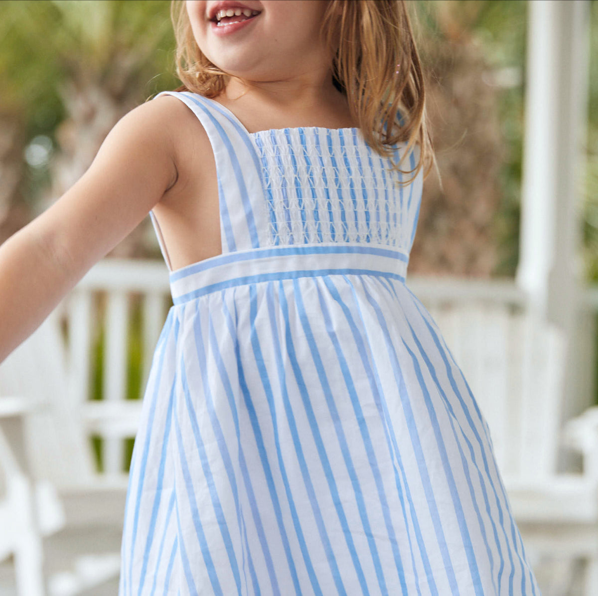 Girls Bahamian Blue Stripe Smocked Bib Dress