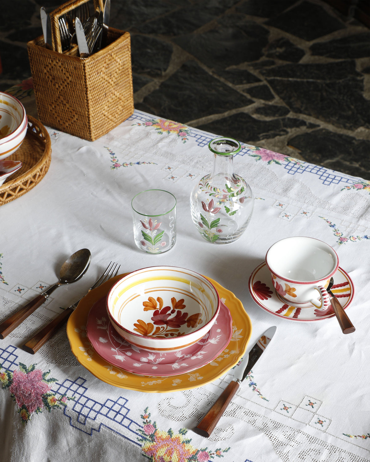 Blossom Teacup and Saucer in Burgundy