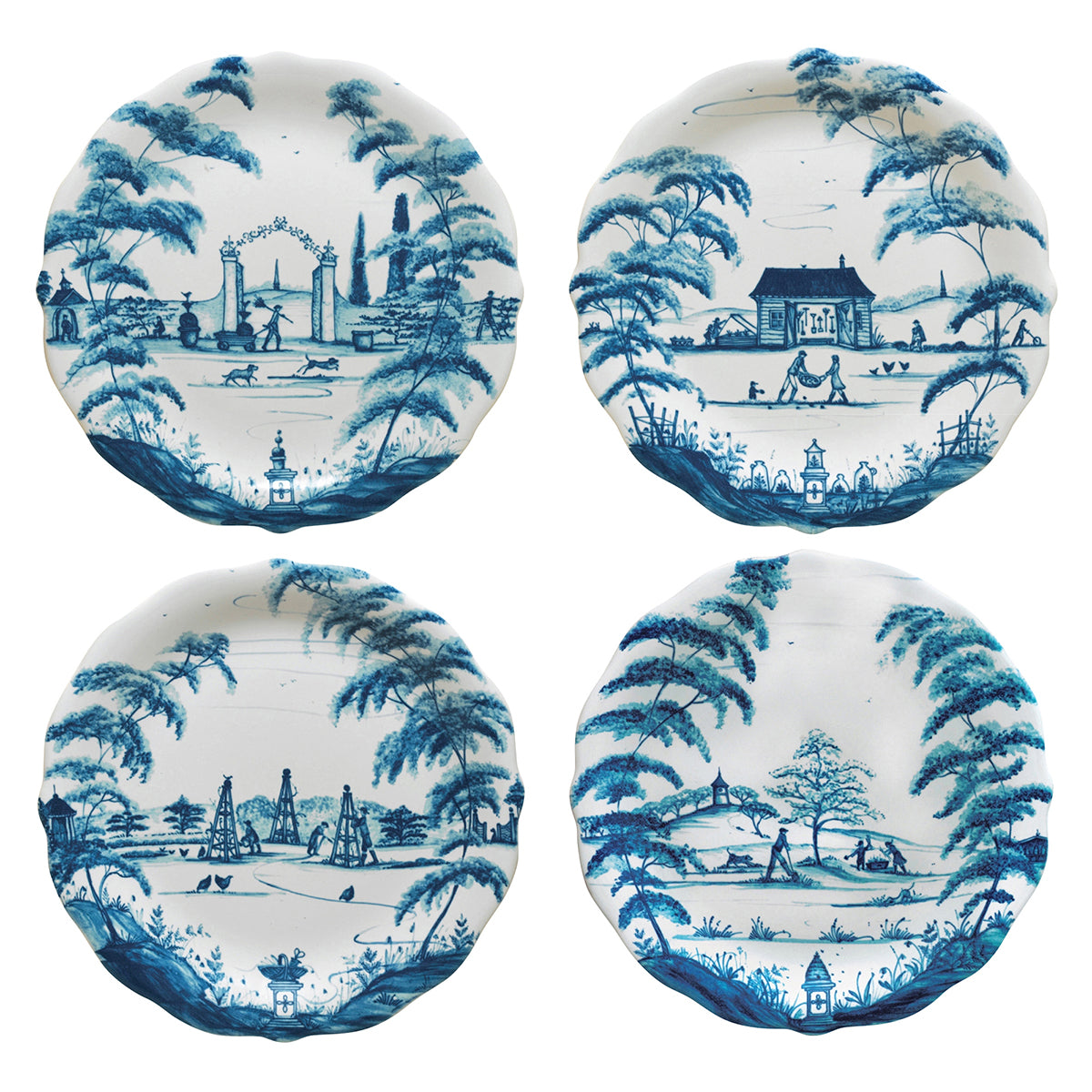 Country Estate Delft Blue Party Plates Spring Gardening Scenes, Set of 4