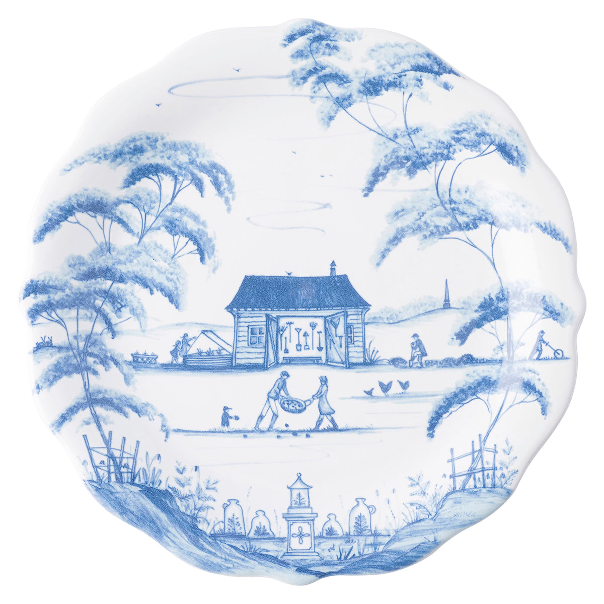 Country Estate Delft Blue Party Plates Spring Gardening Scenes, Set of 4