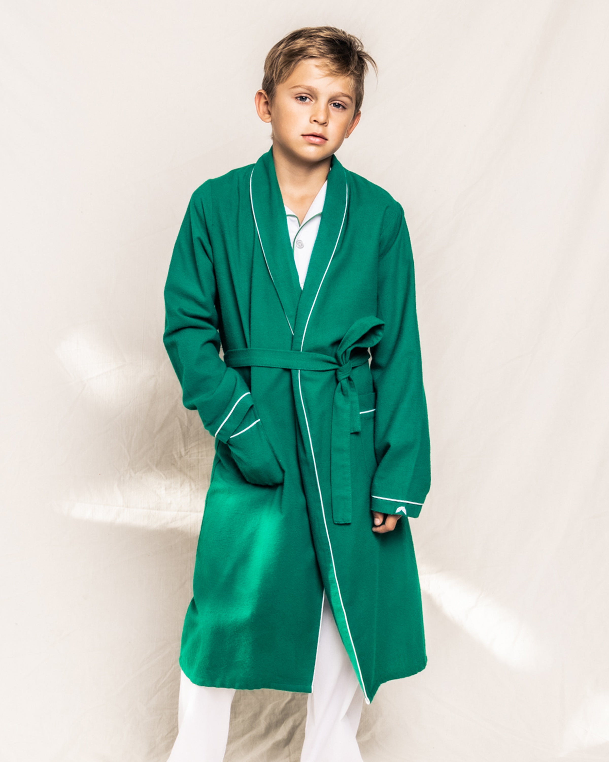 Children’s Forest Green Flannel Robe with White Piping