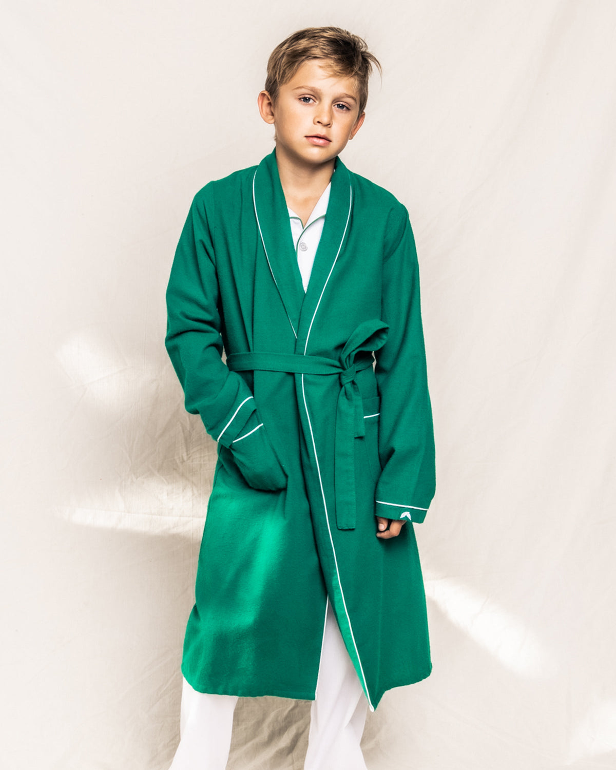 Children’s Forest Green Flannel Robe with White Piping