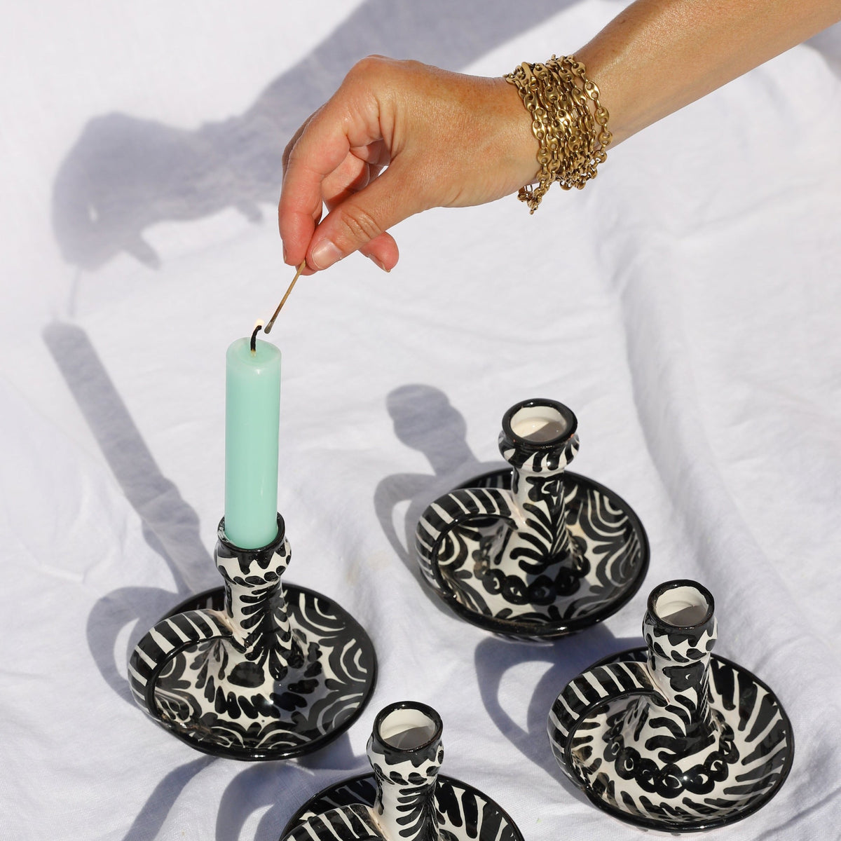 Casa Blanca & Negra Candlestick with Hand-Painted Designs