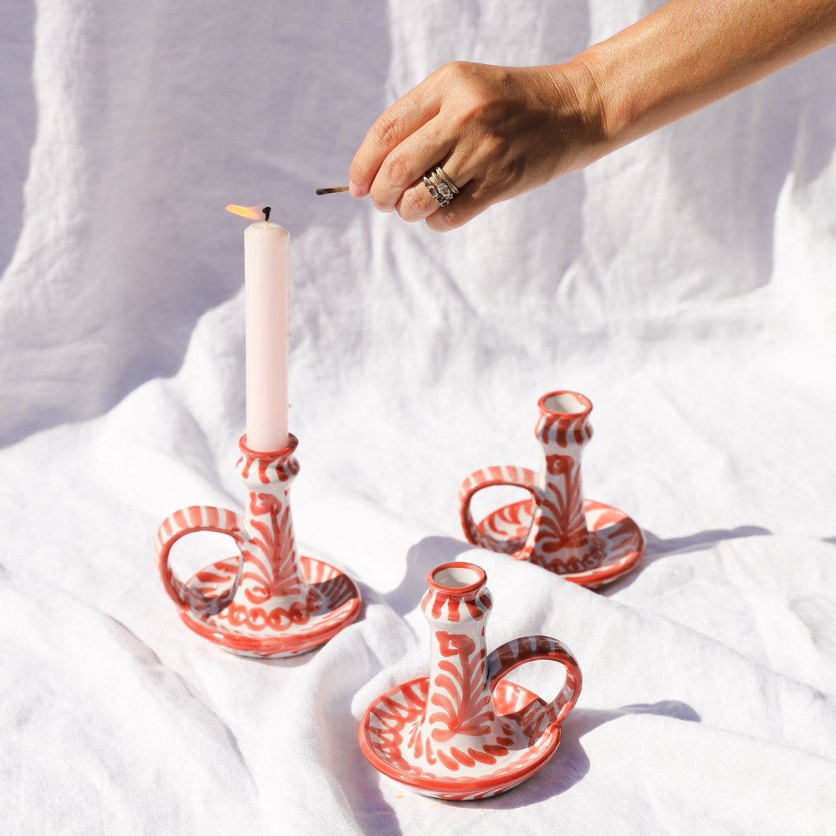 Casa Coral Candlestick with Hand-Painted Designs