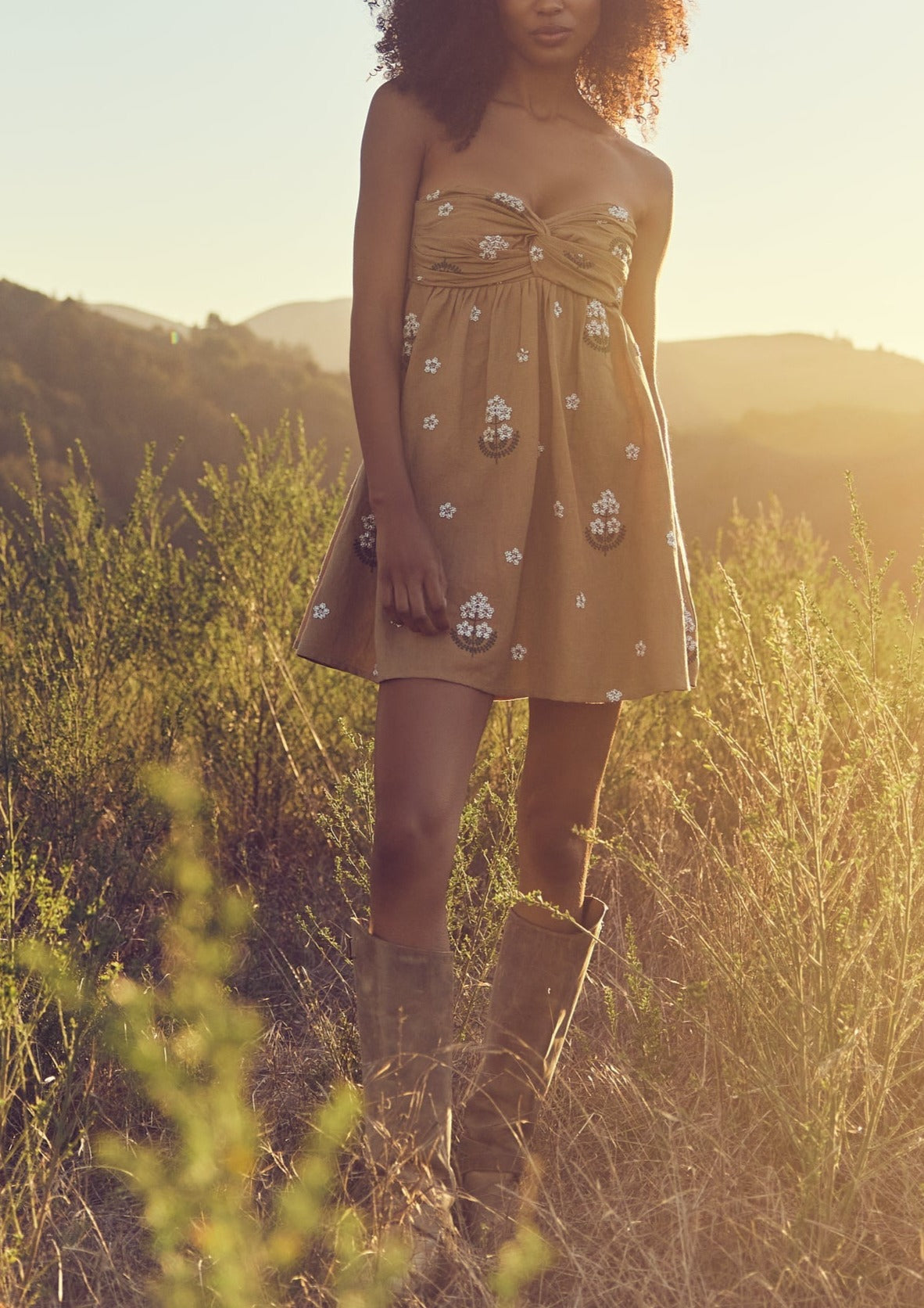 Meadow Embroidered Beaded Mini Dress in Light Fawn and Ivory Floral